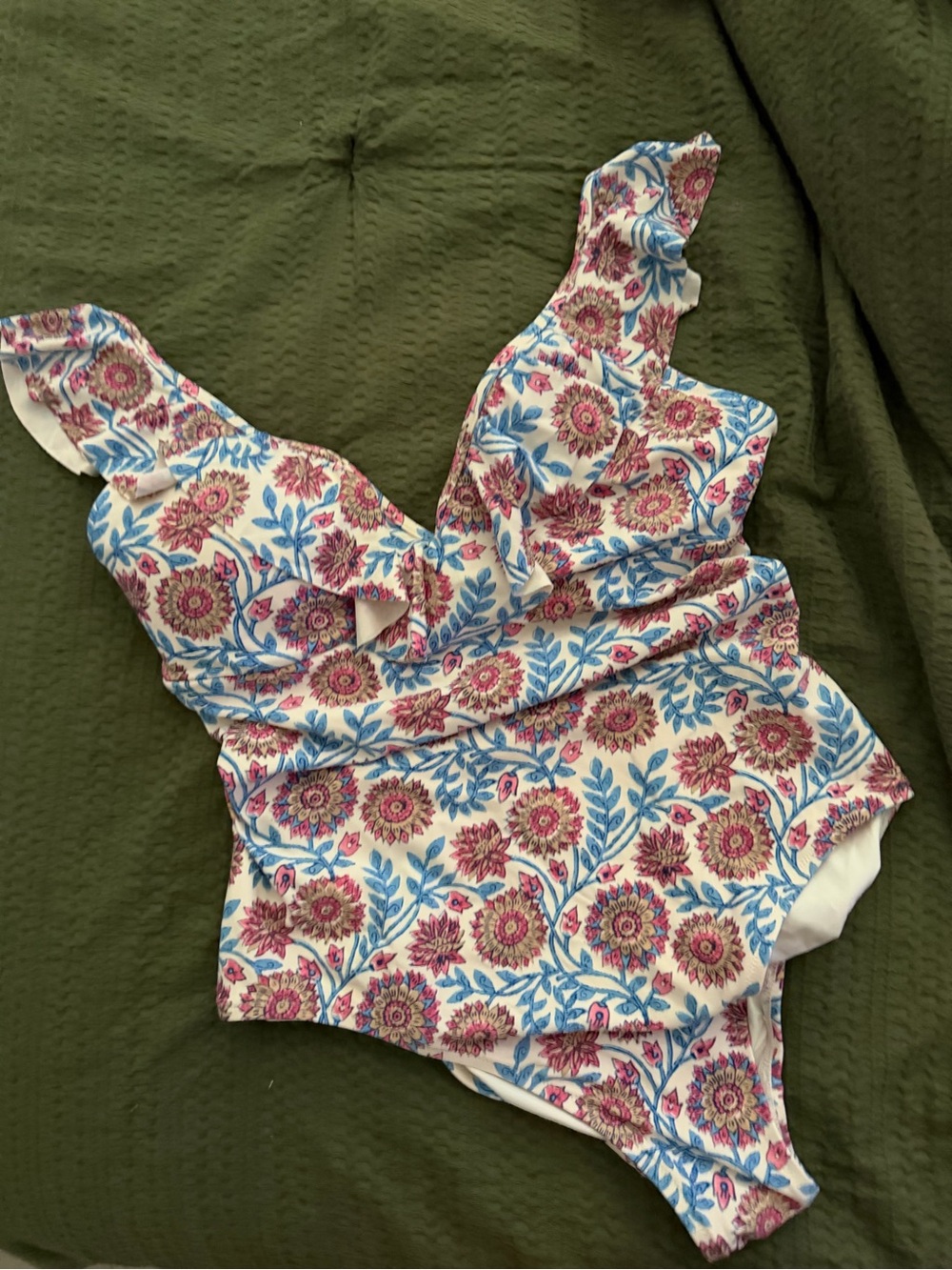 J. Crew White One-Piece Swimsuit with Pink Floral & Blue Leaf Print